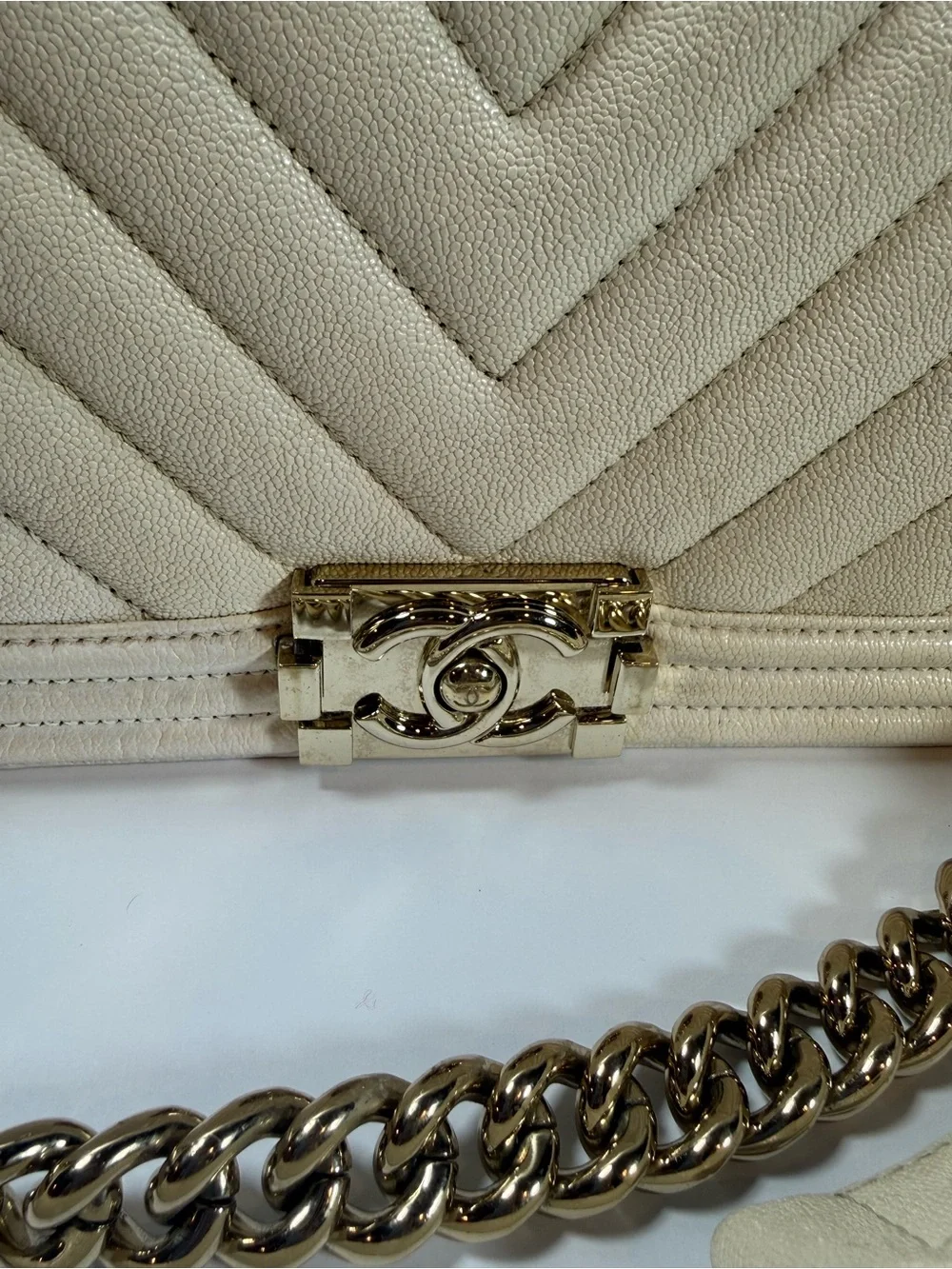 CHANEL MEDIUM cream Chevron Quilted Boy Crossbody with Gold Hardware in Caviar